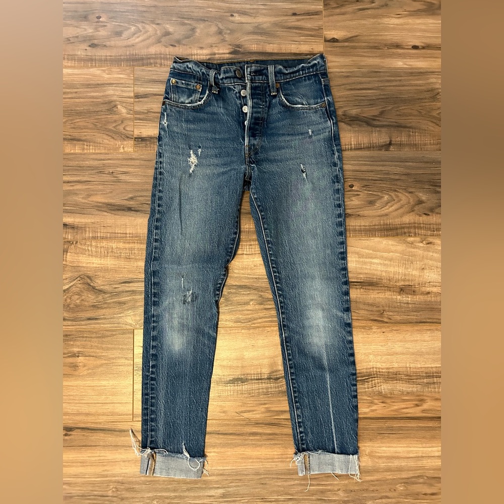 Levis 501 skinny jeans with raw hem cuffed